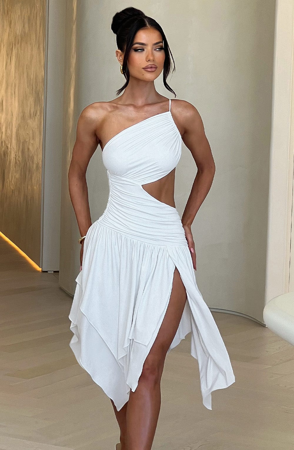 DIA Women's Dress One-Shoulder Cut-Out White Slinky Jersey Evening Party