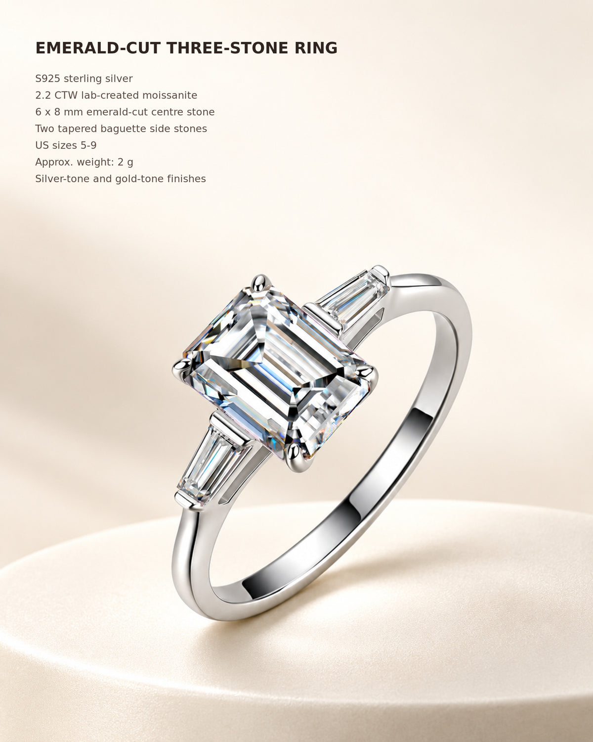 Emerald-cut three-stone moissanite engagement ring specifications