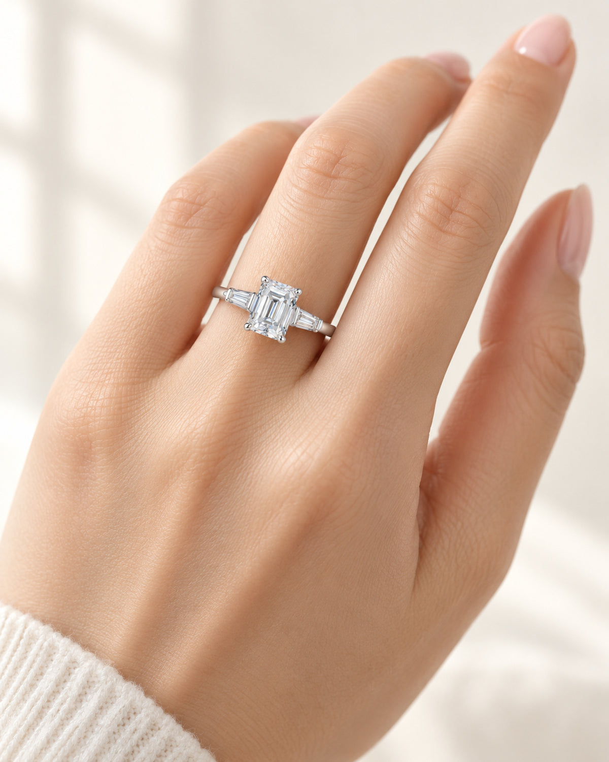 Emerald-cut moissanite engagement ring worn on hand for scale