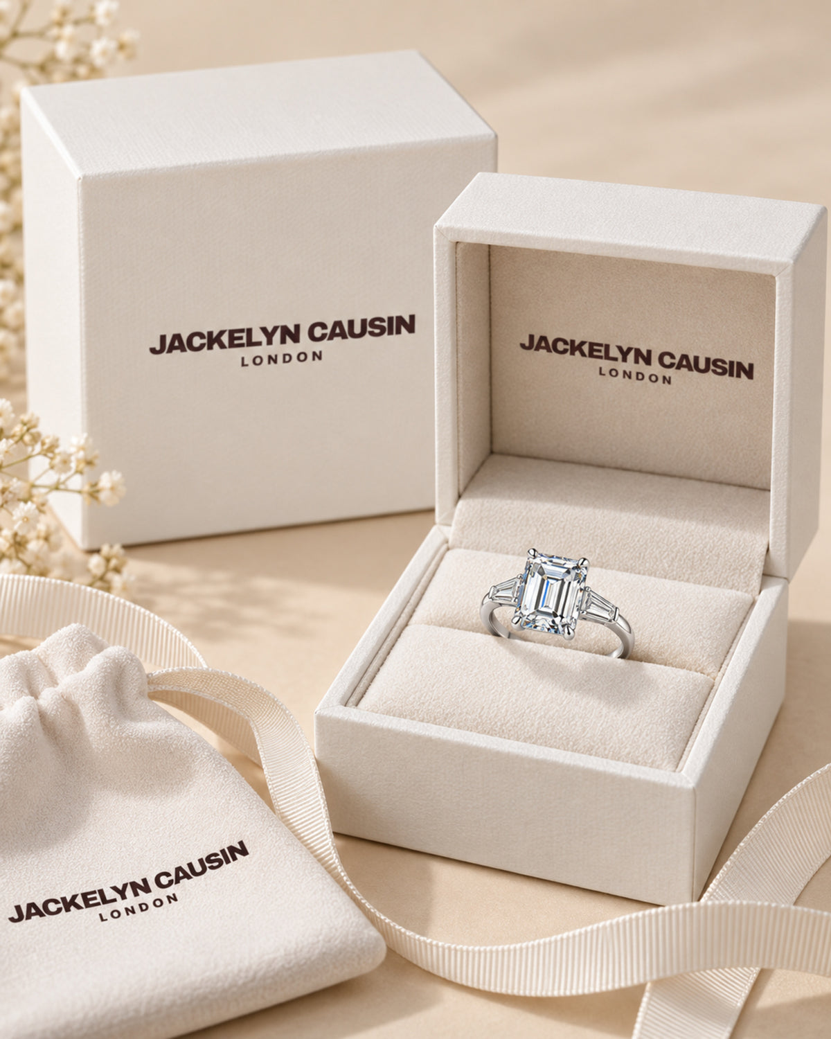JACKELYN CAUSIN ivory packaging with emerald-cut moissanite ring