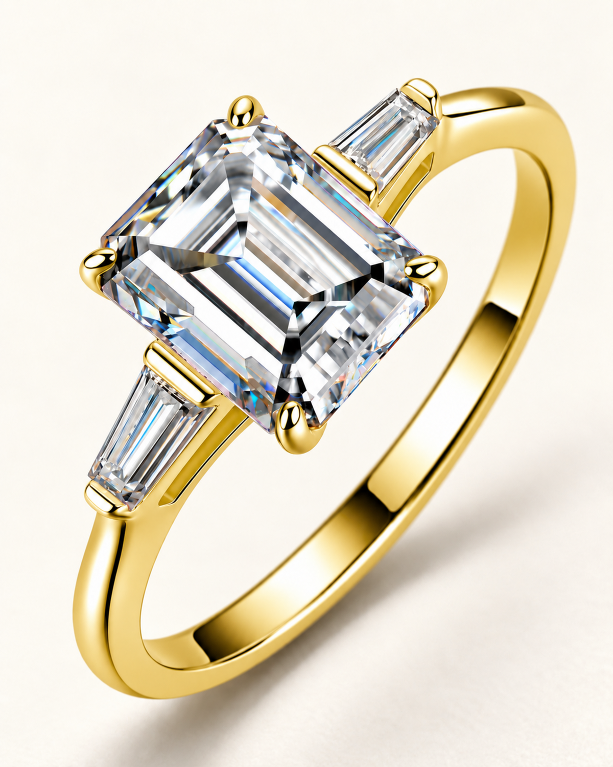Gold-tone emerald-cut three-stone moissanite ring in S925 sterling silver