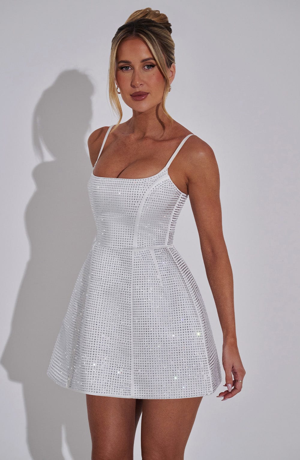 L.F Women's Dress Mini Bubble Hem Ivory Embellished Satin Party