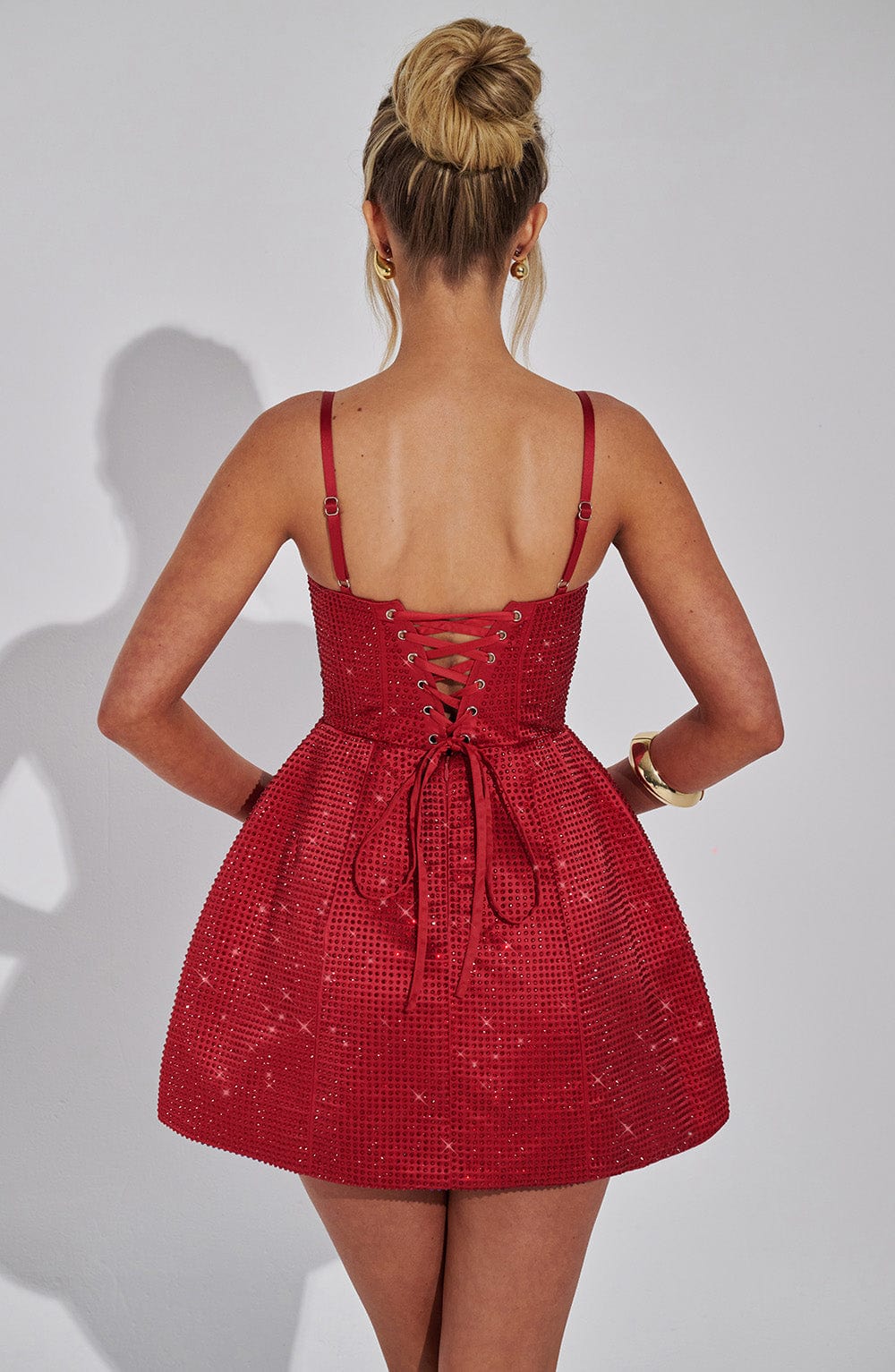 L.F Women's Dress Bubble Hem Red Satin Rhinestone Party