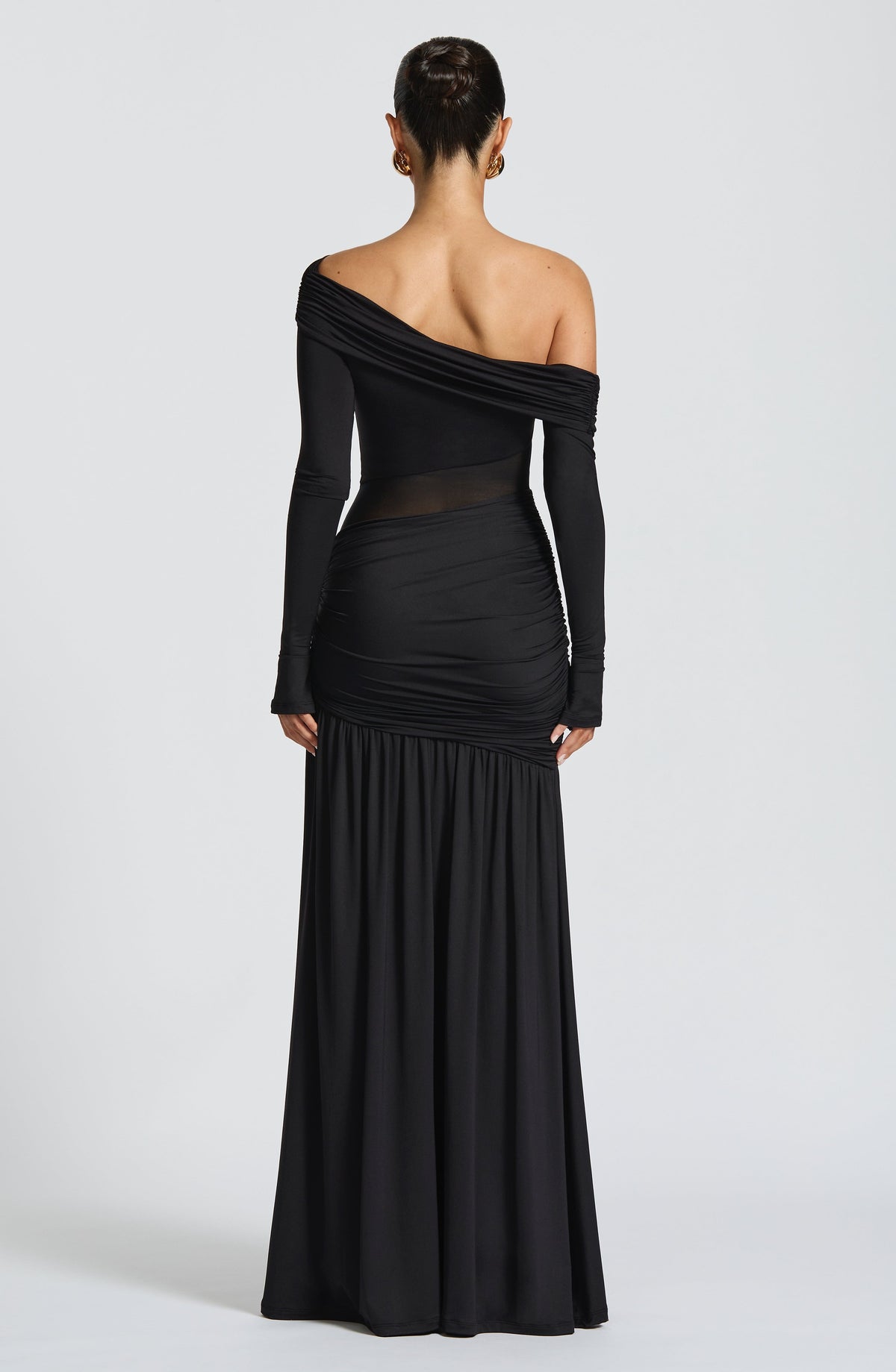 L.F Women's Dress One-Shoulder Maxi Black Mesh Jersey Evening