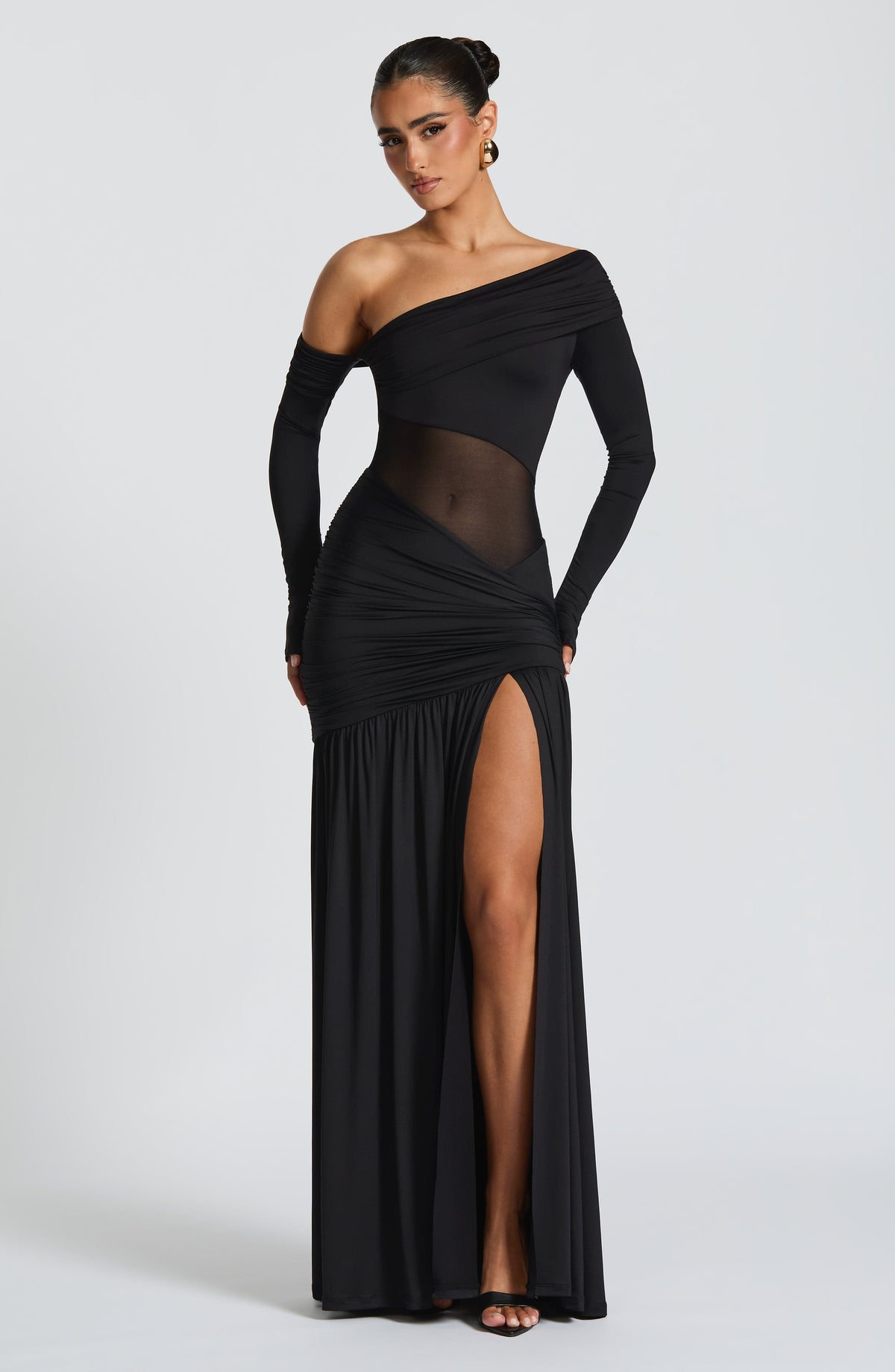 L.F Women's Dress One-Shoulder Maxi Black Mesh Jersey Evening