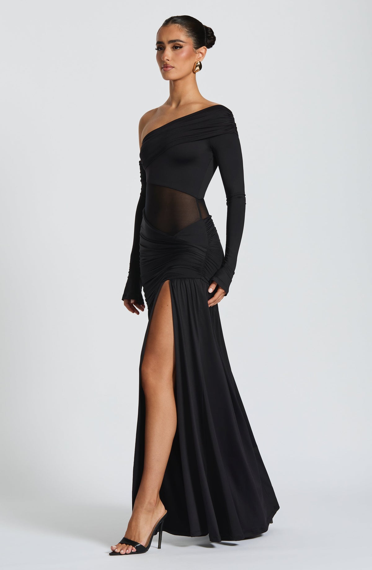 L.F Women's Dress One-Shoulder Maxi Black Mesh Jersey Evening