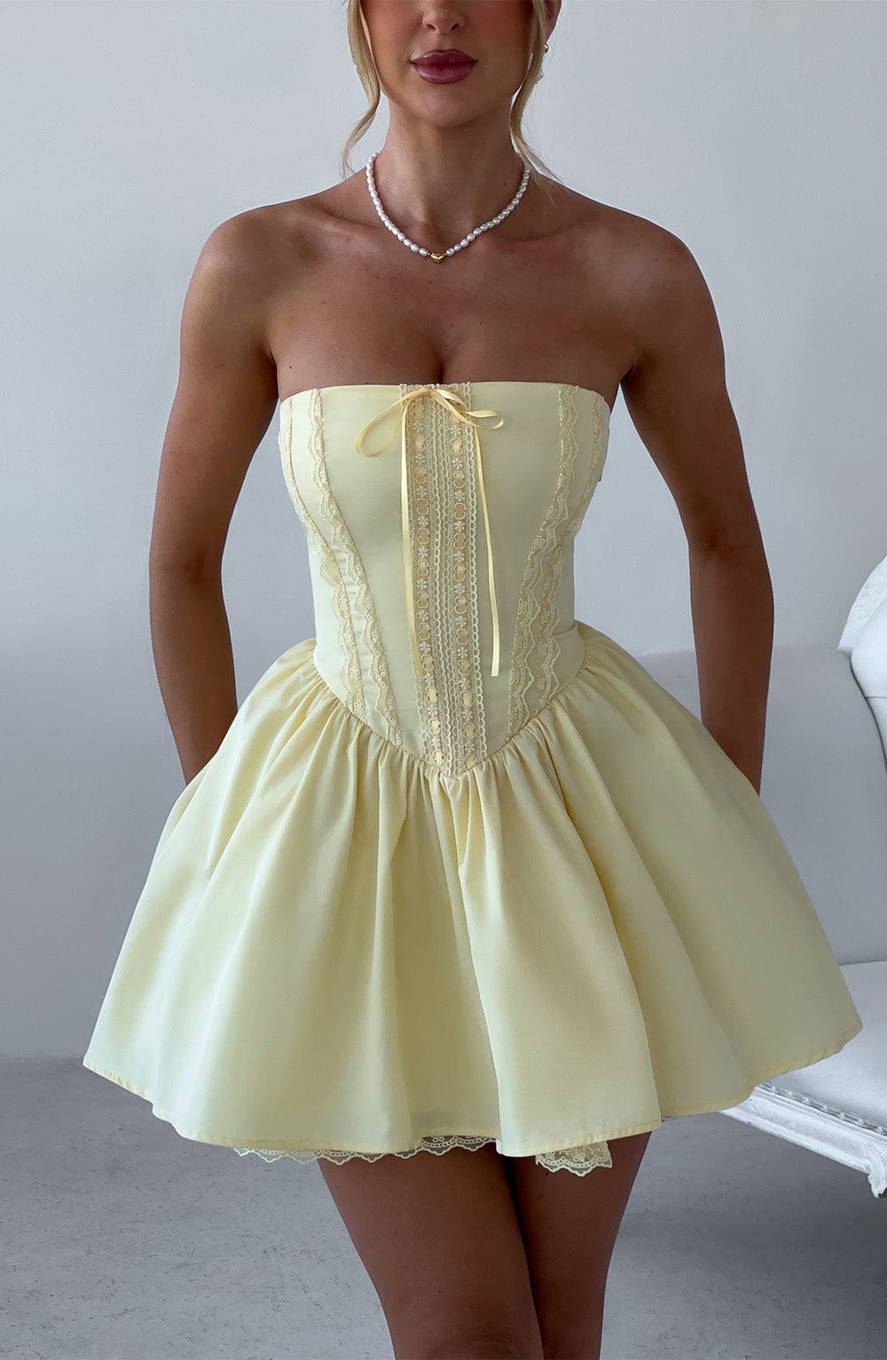 Women's Dress Strapless Mini Flowy Lemon Cotton Party Evie