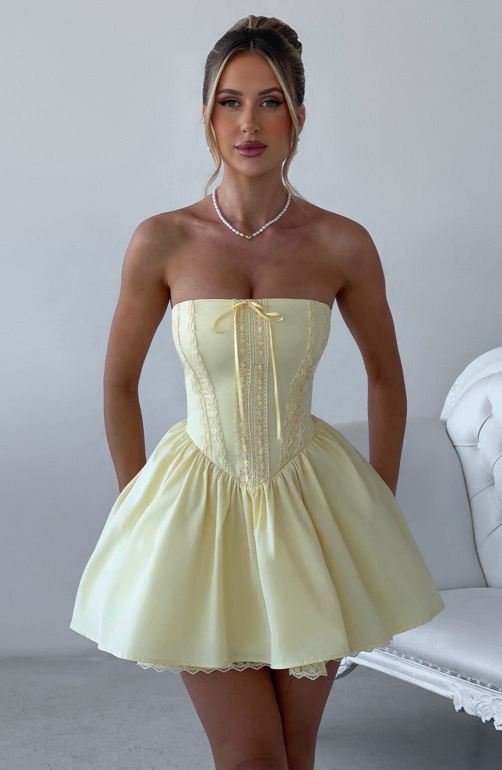 Women's Dress Strapless Mini Flowy Lemon Cotton Party Evie