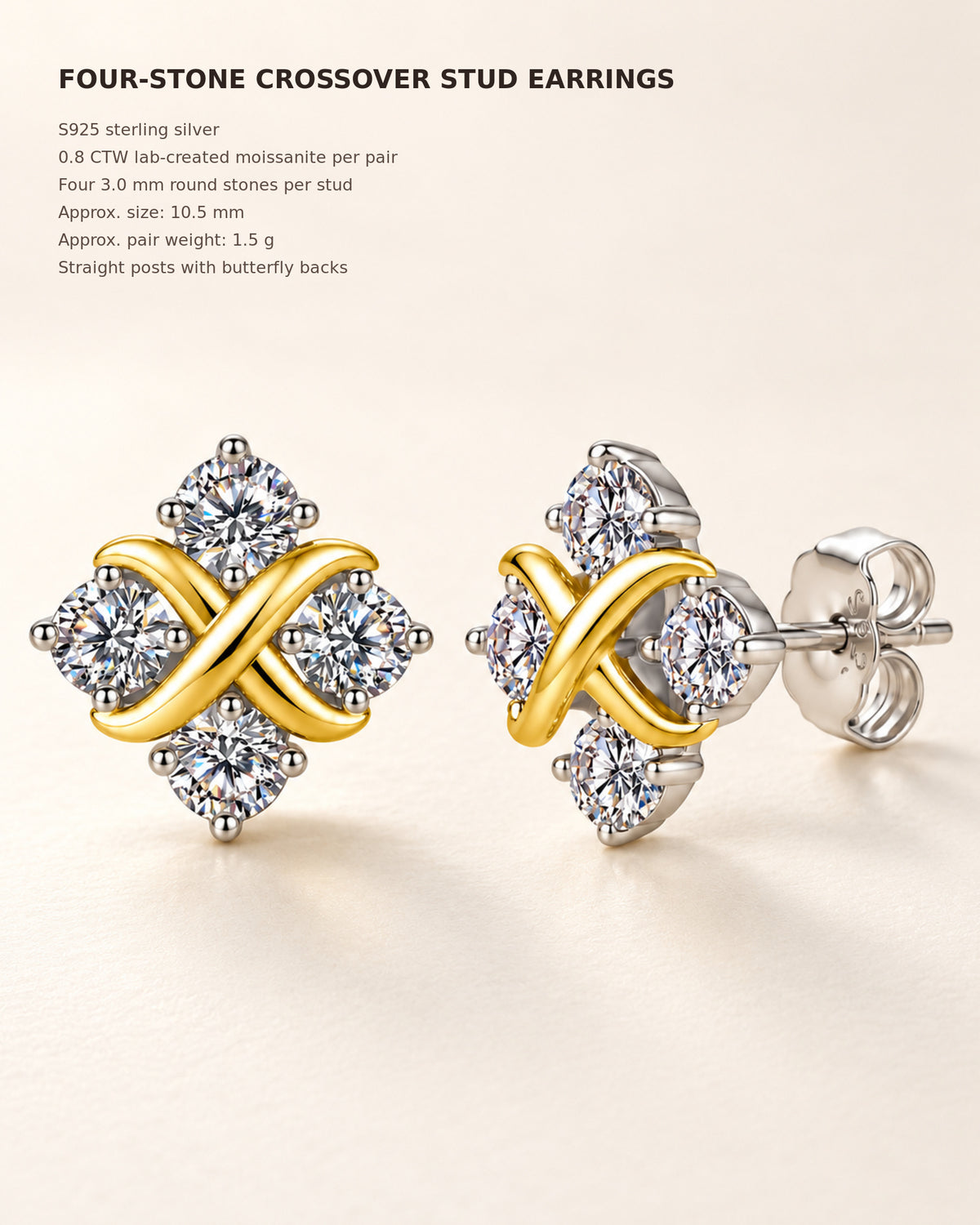 Four-stone crossover moissanite stud earrings specifications