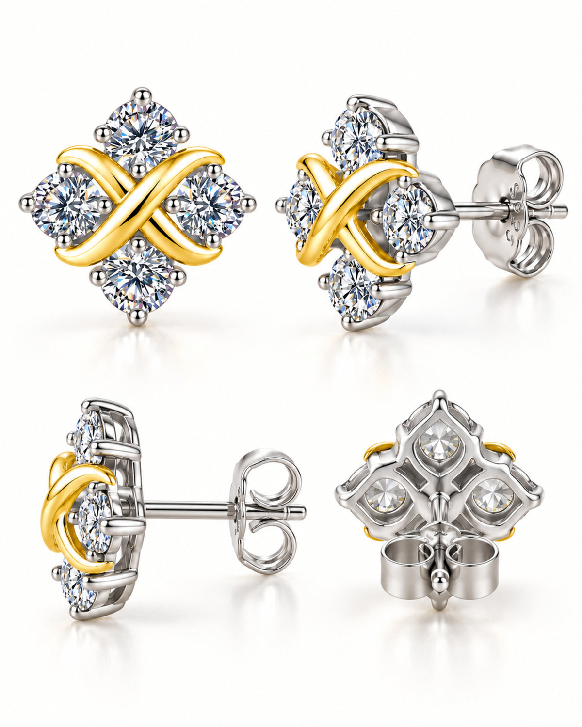 Side and rear views of crossover moissanite studs with butterfly backs