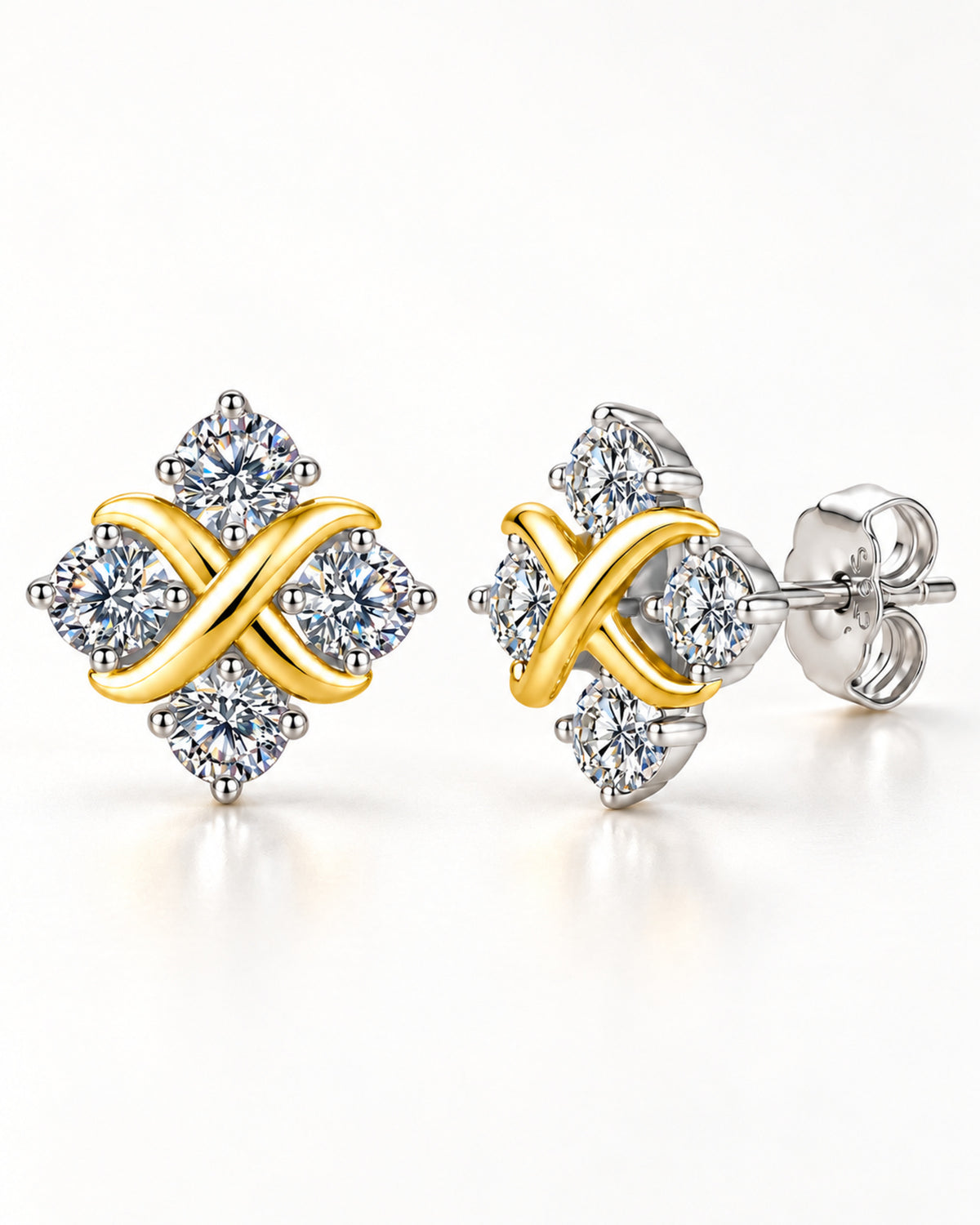 Scale view of women's moissanite crossover stud earrings
