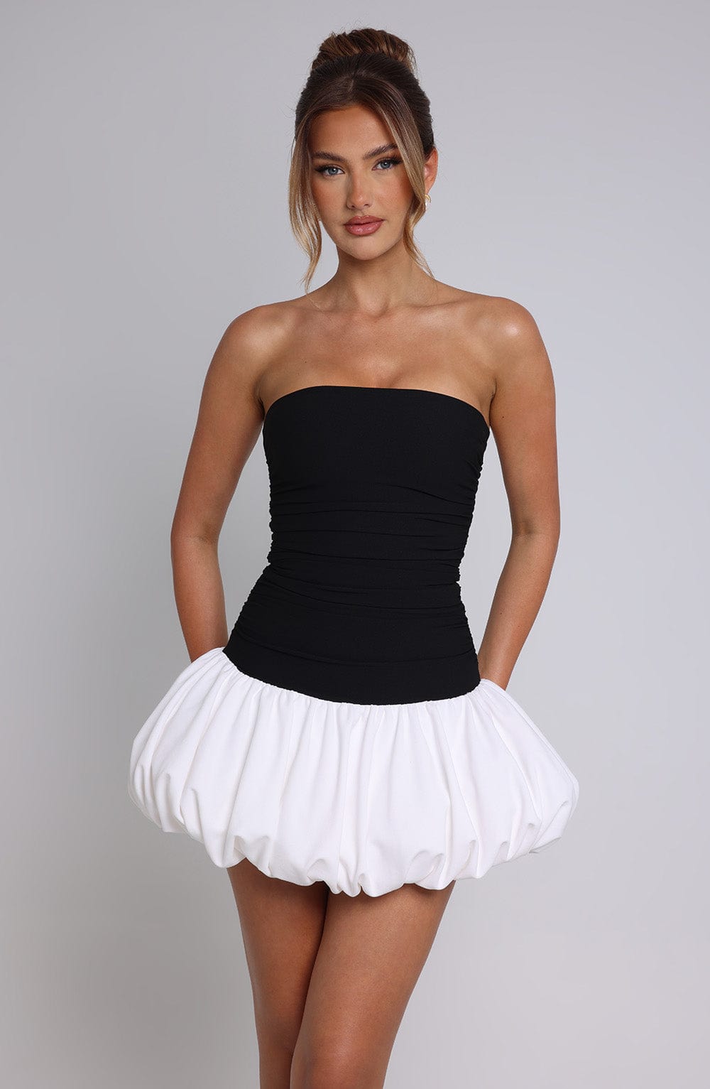 Gemma Women's Dress Bubblehem Black/White Stretch Crepe Party