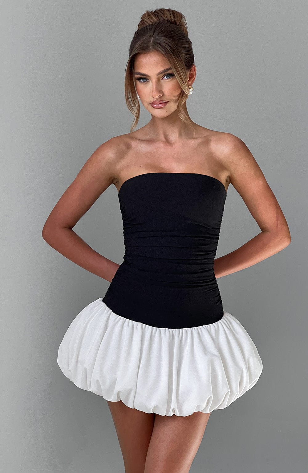 Gemma Women's Dress Bubblehem Black/White Stretch Crepe Party