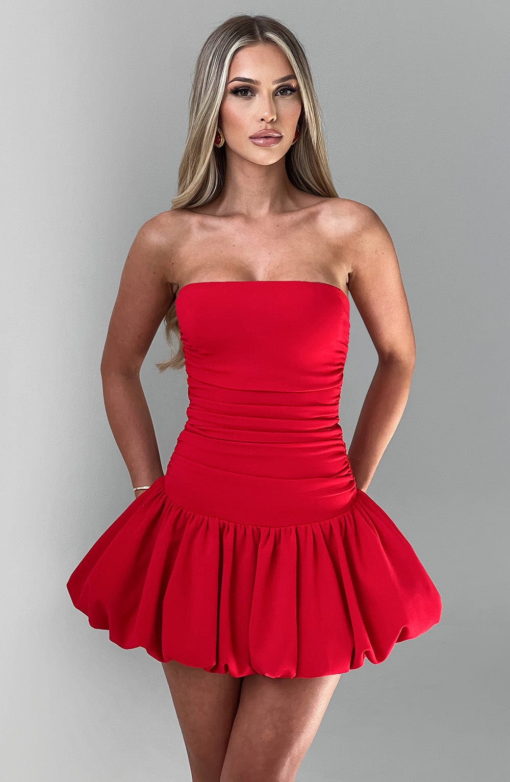 Gemma Women's Dress Bubble Hem Red Crepe Party