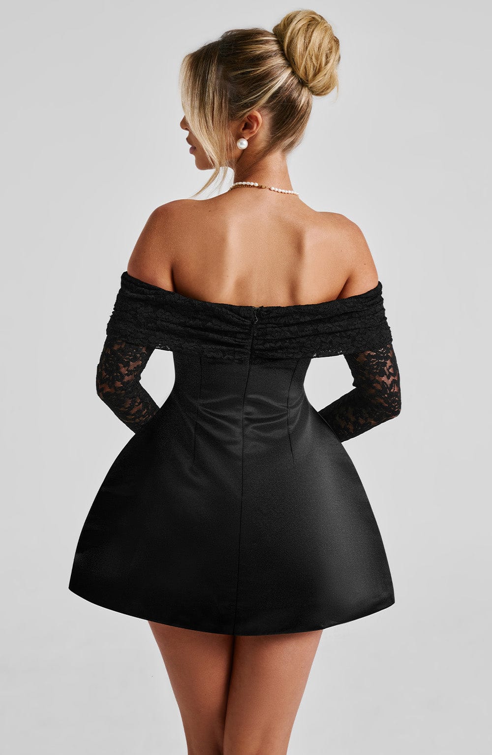 L.F Women's Dress Bardot Bubble Hem Black Satin Evening