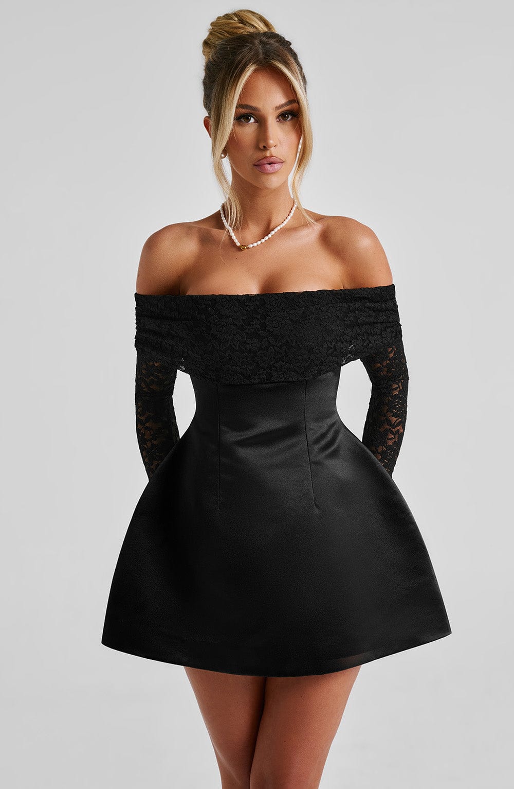 L.F Women's Dress Bardot Bubble Hem Black Satin Evening