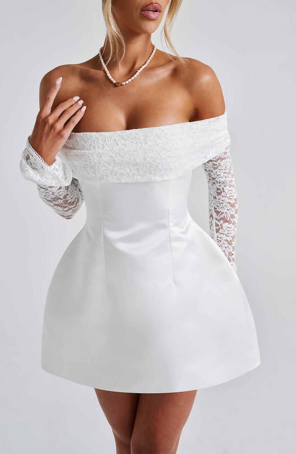 L.F Women's Dress Bardot Bubble Hem Ivory Lace Satin Evening