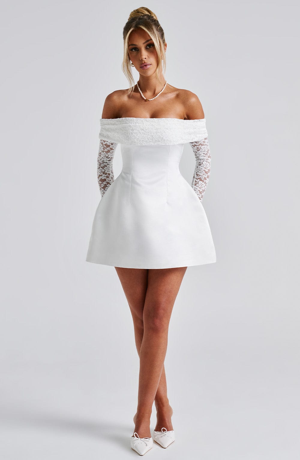 L.F Women's Dress Bardot Bubble Hem Ivory Lace Satin Evening