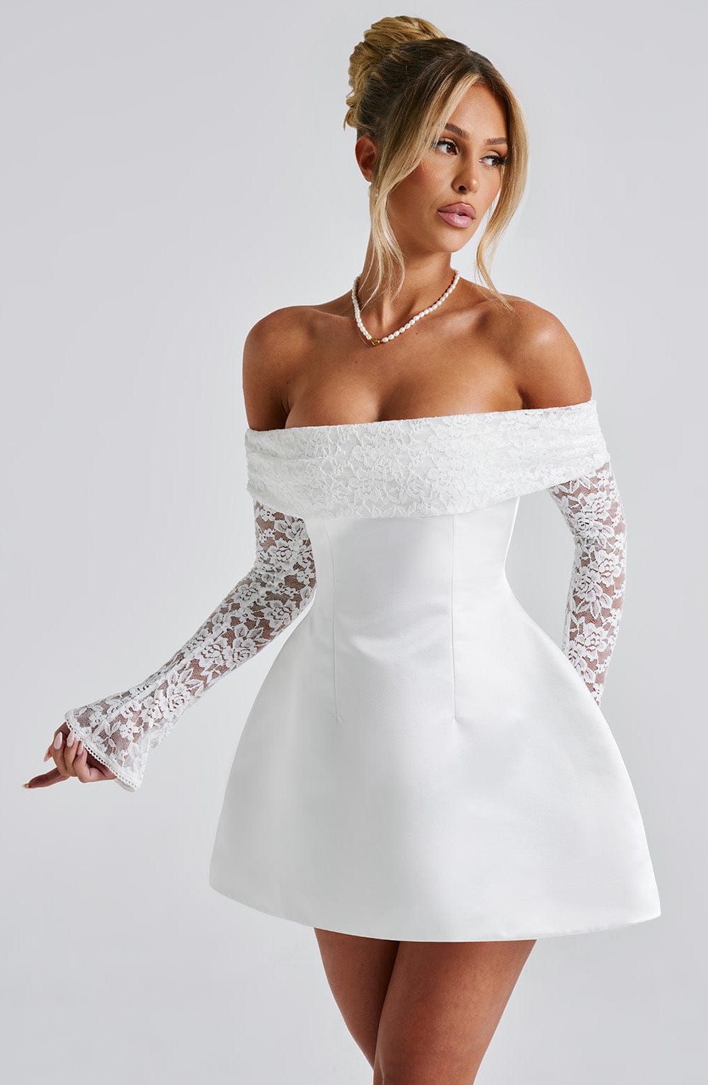L.F Women's Dress Bardot Bubble Hem Ivory Lace Satin Evening