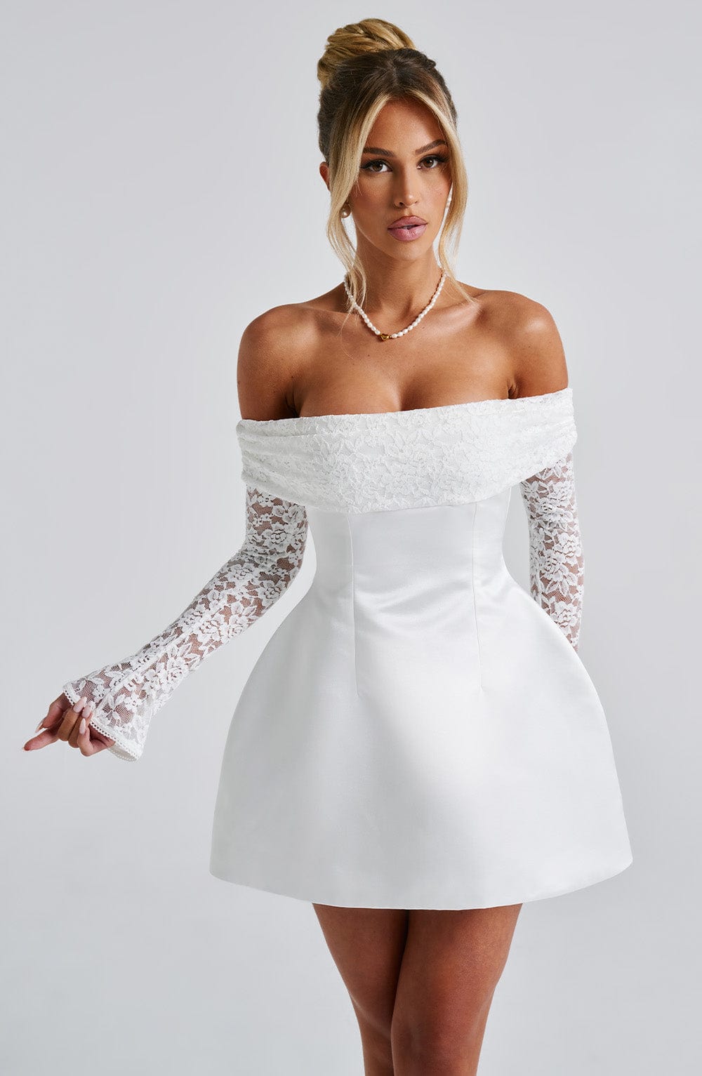 L.F Women's Dress Bardot Bubble Hem Ivory Lace Satin Evening