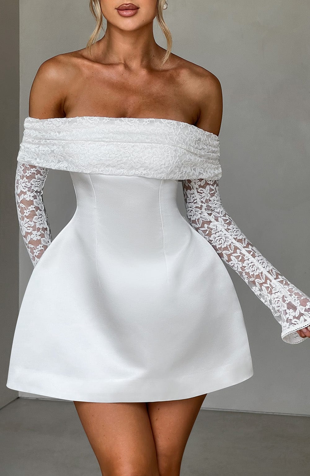 L.F Women's Dress Bardot Bubble Hem Ivory Lace Satin Evening