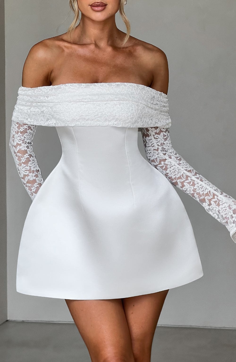L.F Women's Dress Bardot Bubble Hem Ivory Lace Satin Evening