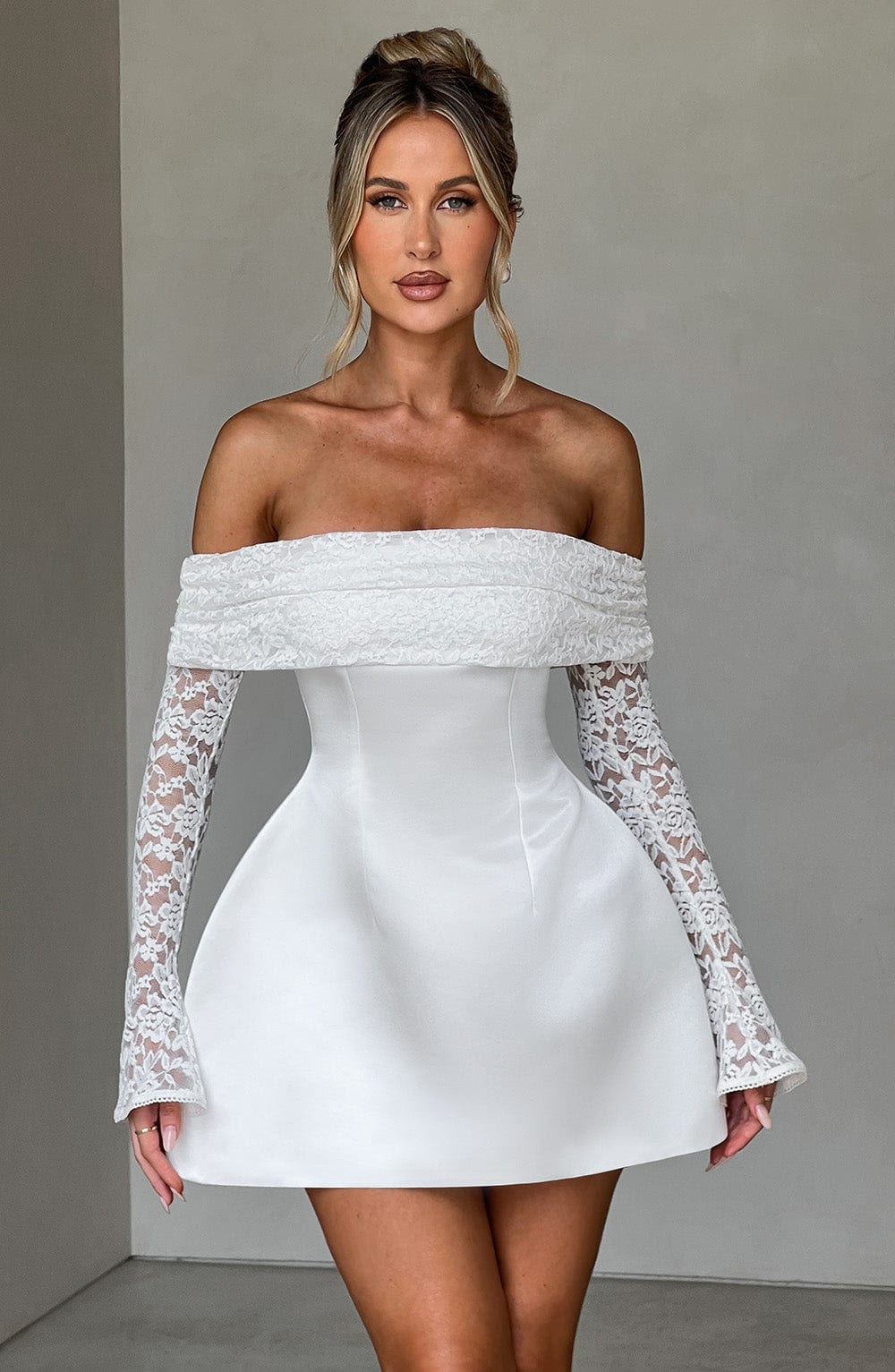 L.F Women's Dress Bardot Bubble Hem Ivory Lace Satin Evening