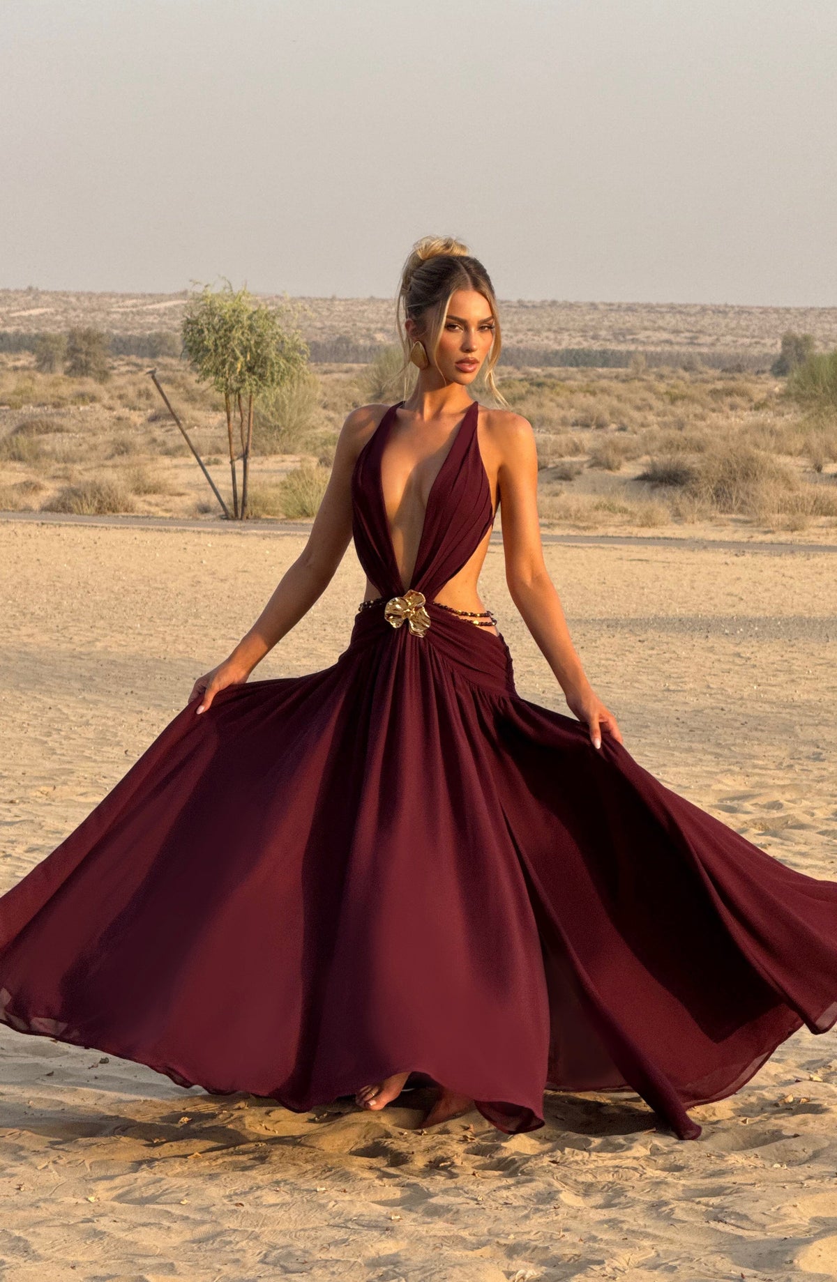 T.X Women's Dress Indianna Backless Cherry Lacquer Chiffon Evening