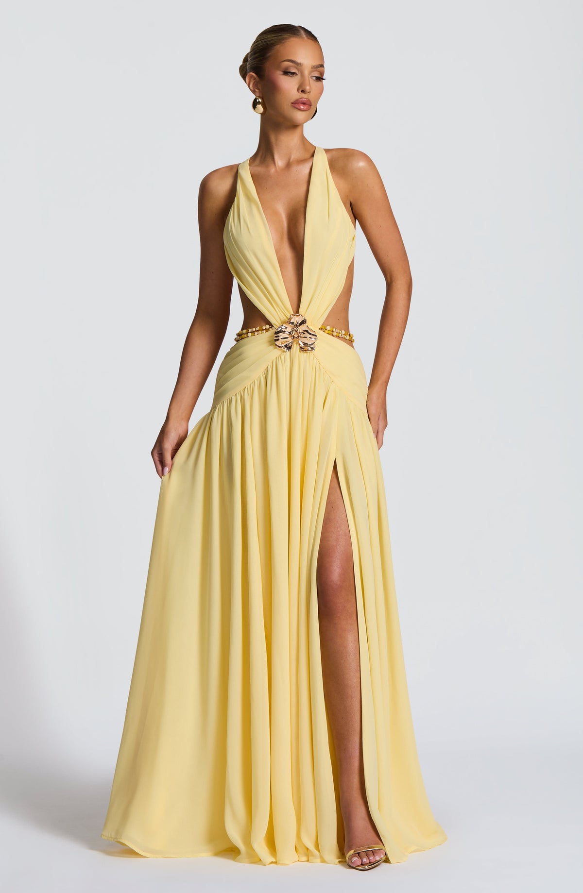 T.X Women's Dress Maxi Indianna Lemon Chiffon Backless Formal