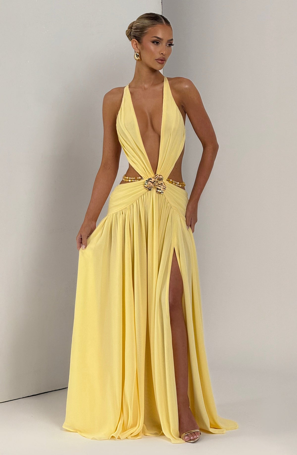 T.X Women's Dress Maxi Indianna Lemon Chiffon Backless Formal