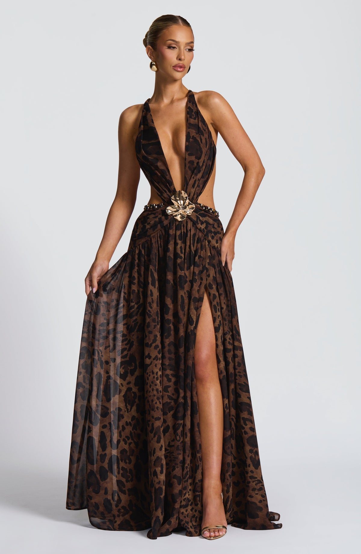 Indianna Women's Dress Maxi Leopard Print Chiffon Evening