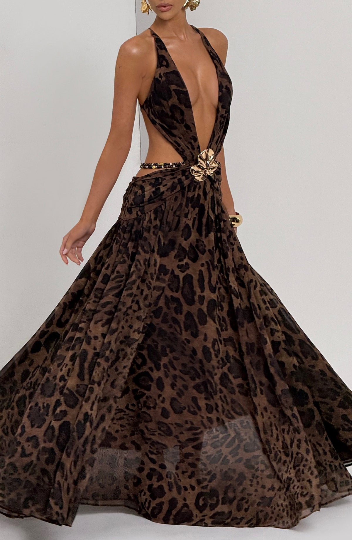 Indianna Women's Dress Maxi Leopard Print Chiffon Evening