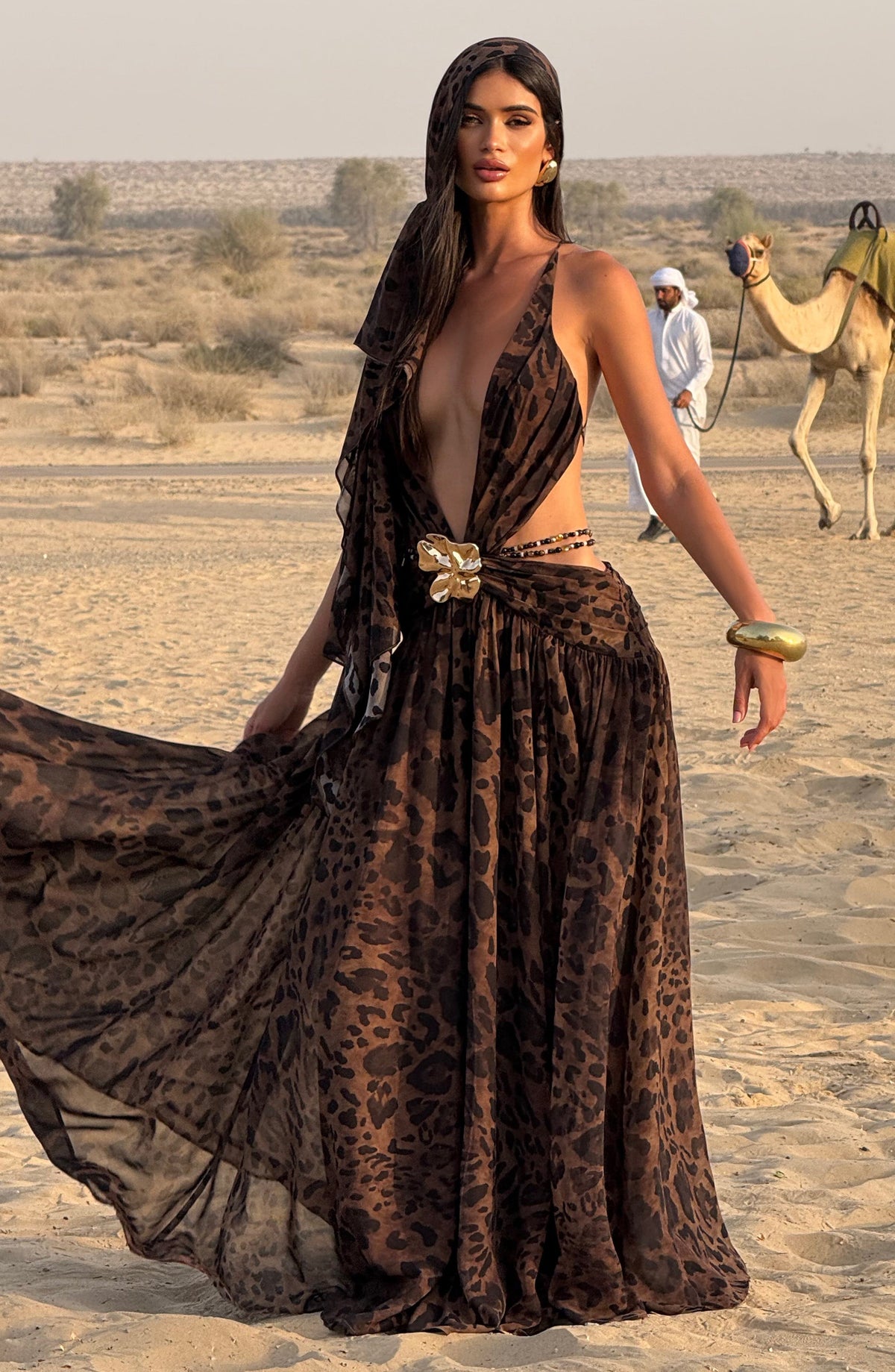 Indianna Women's Dress Maxi Leopard Print Chiffon Evening