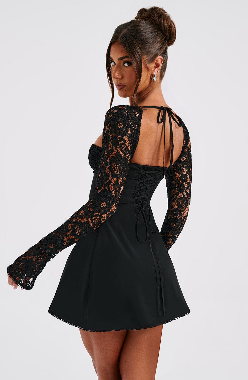 L.F Women's Dress Jacinta Long Sleeve Cupped Black Satin Lace Party