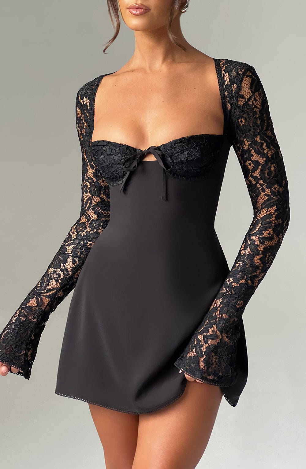 L.F Women's Dress Jacinta Long Sleeve Cupped Black Satin Lace Party