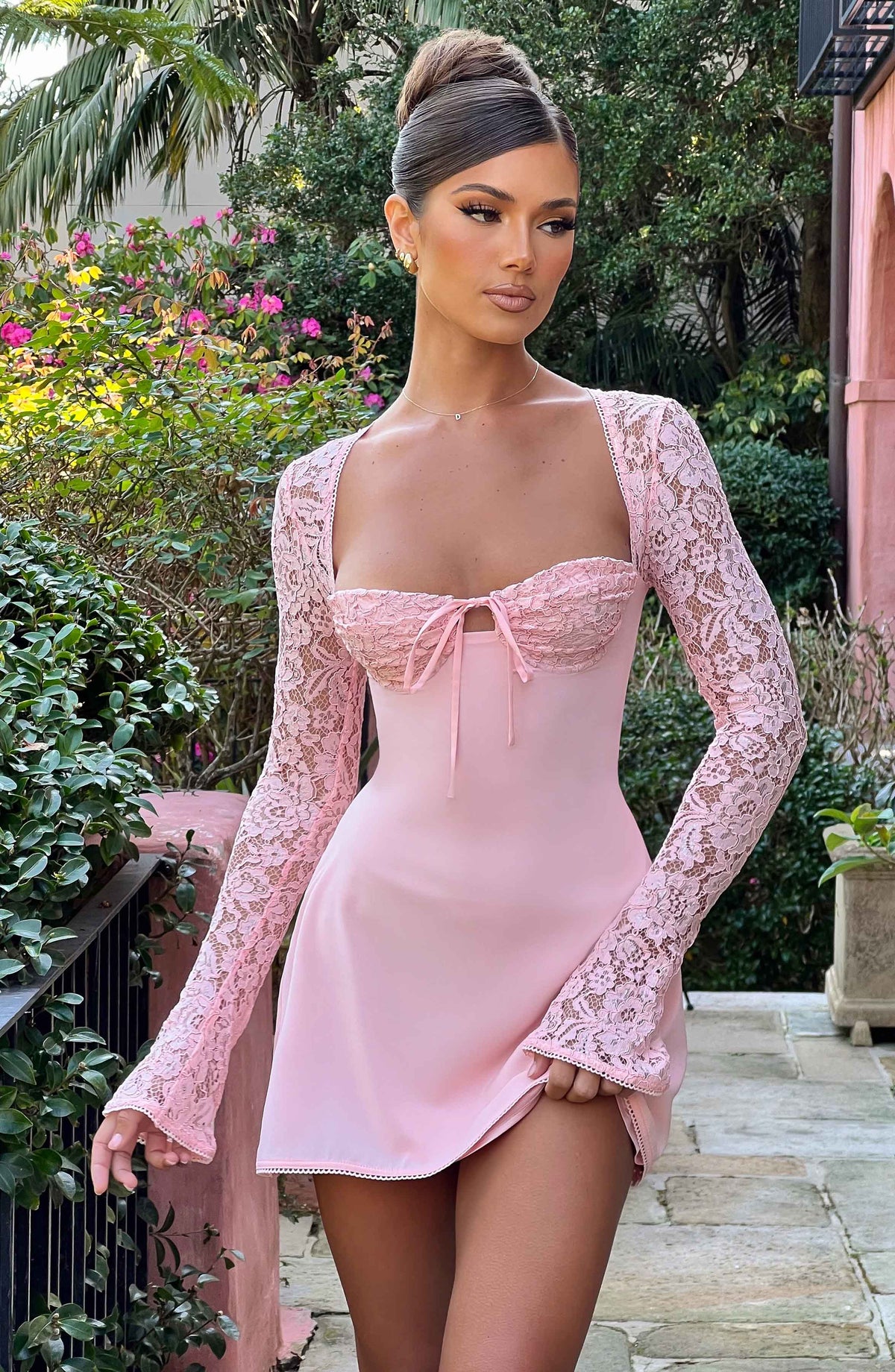 L.F Women's Dress Mini Cupped Blush Stretch Floral Lace Party