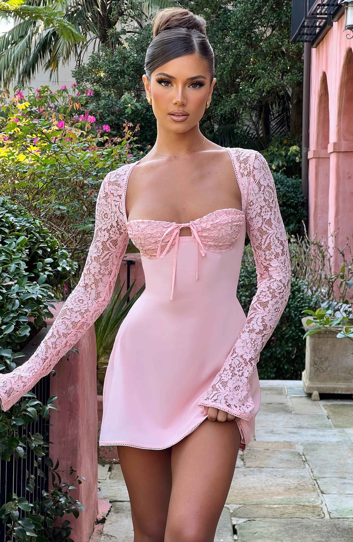 L.F Women's Dress Mini Cupped Blush Stretch Floral Lace Party
