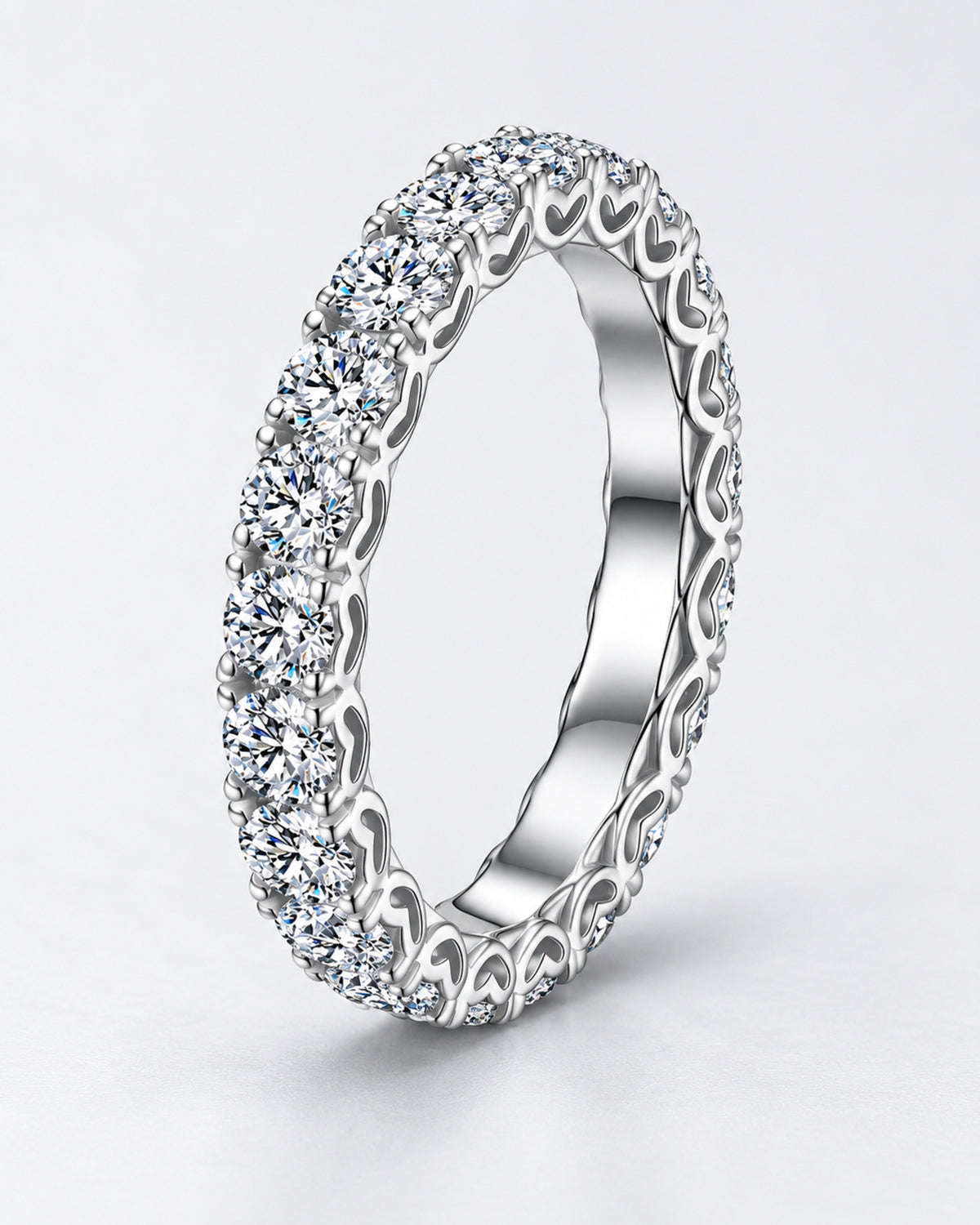 Silver tone moissanite eternity ring profile and heart gallery detail