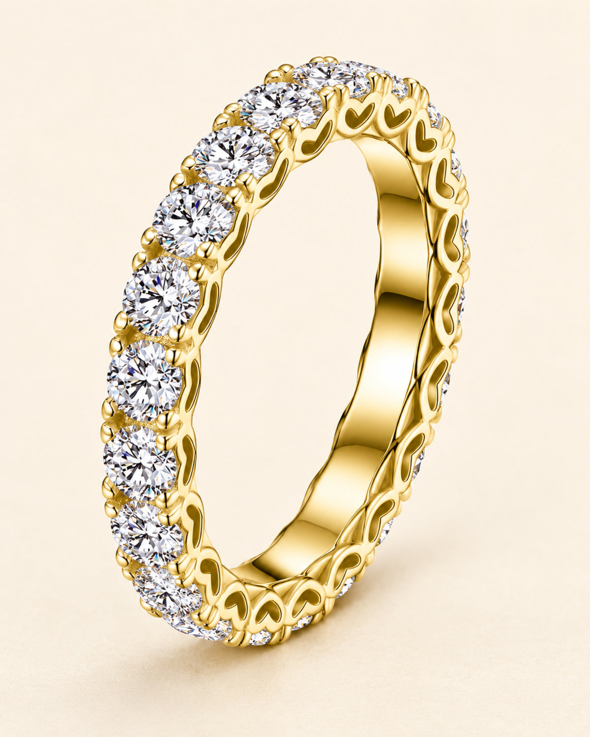 14K gold tone moissanite eternity ring profile and heart gallery detail