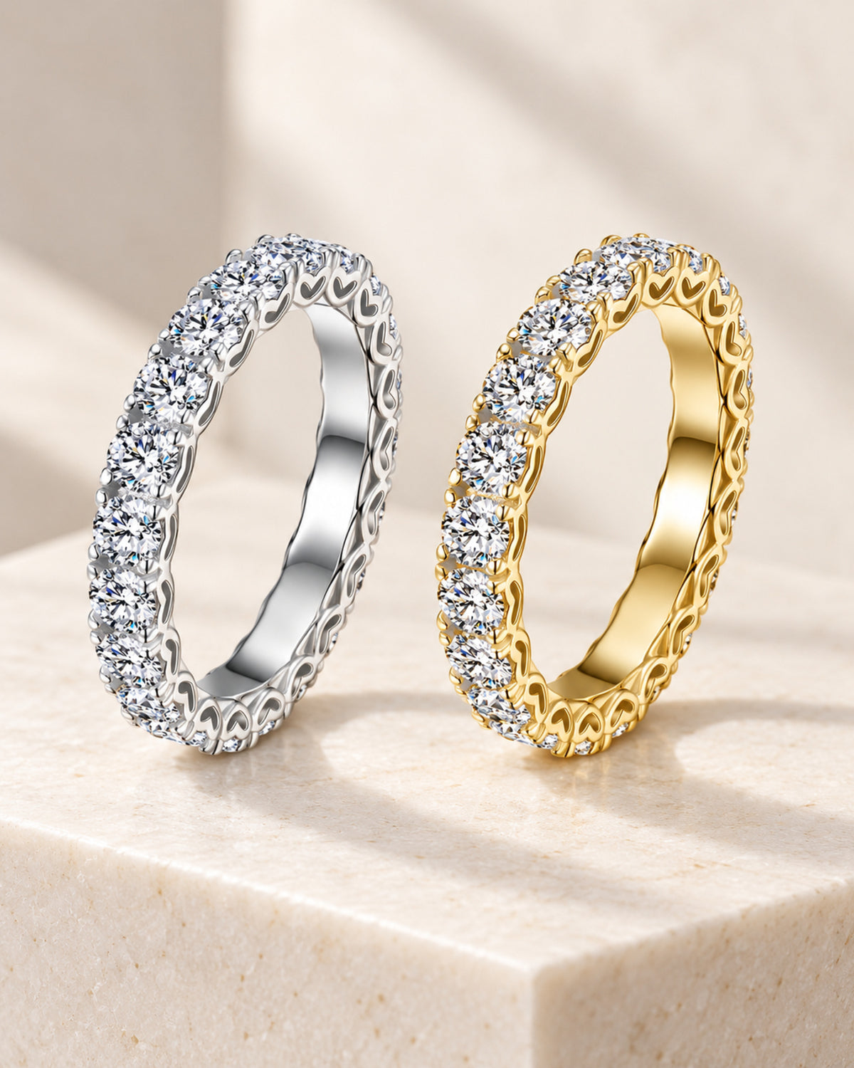 Silver tone and 14K gold tone moissanite eternity rings