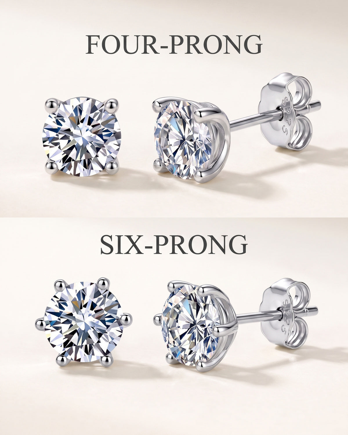 Four-prong and six-prong moissanite stud earring setting comparison
