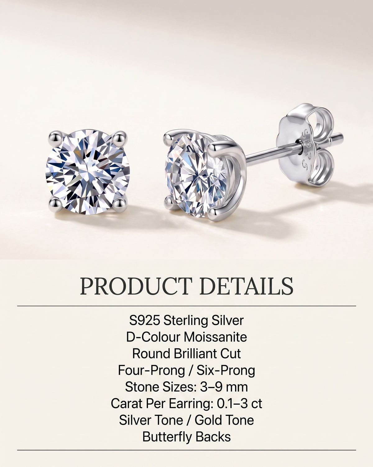 Moissanite stud earrings material setting size and fastening details