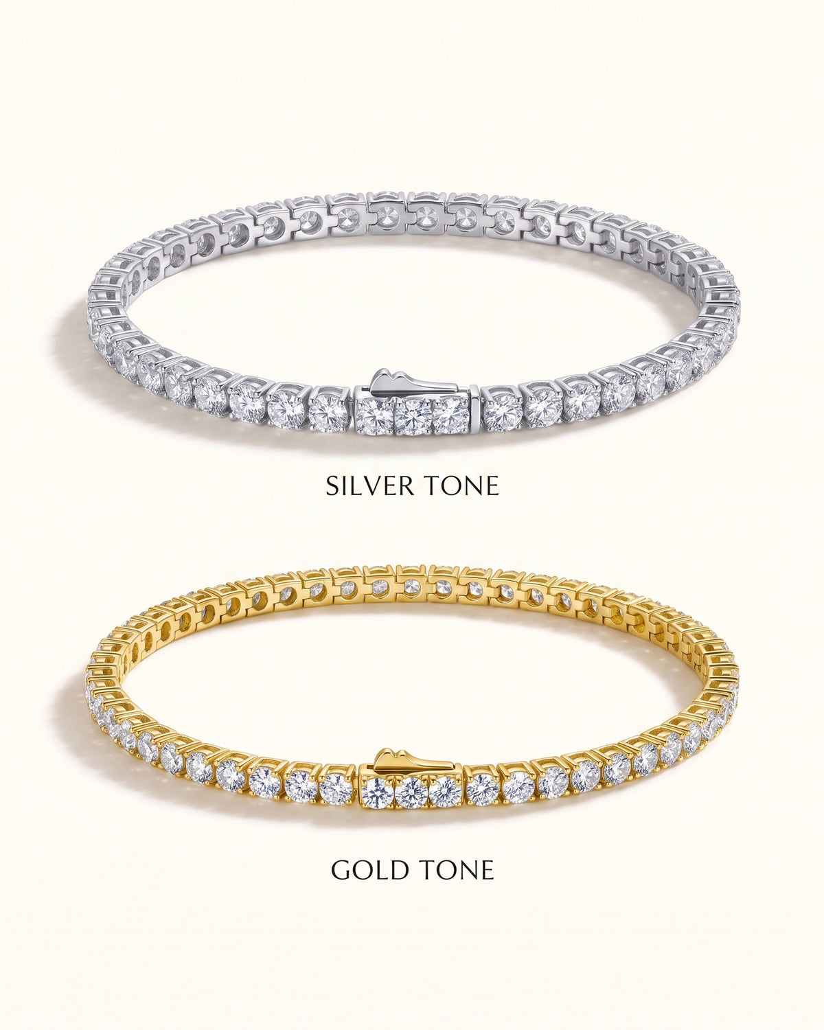 Silver-tone and gold-tone moissanite tennis bracelet finishes