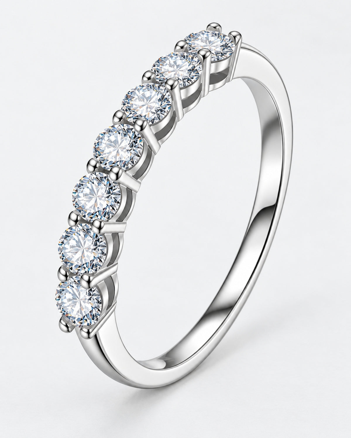 Silver tone seven-stone moissanite ring profile and setting detail