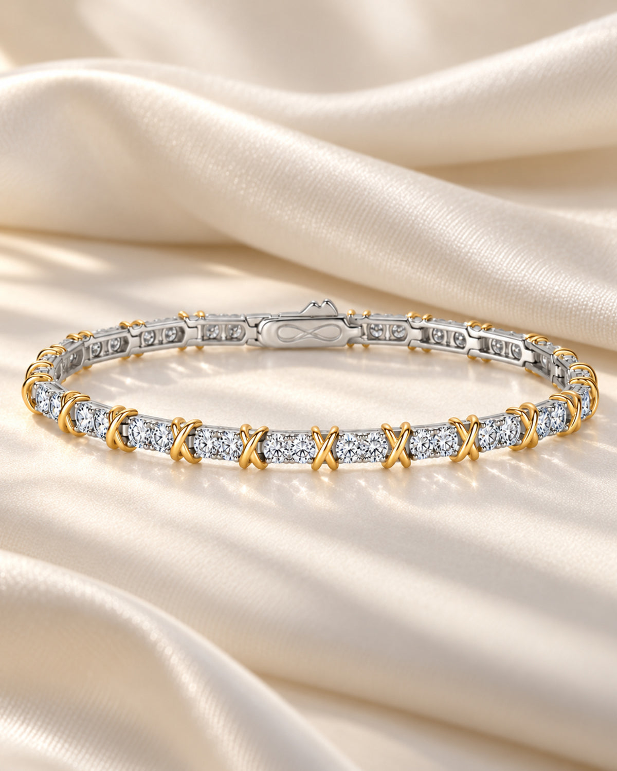 Two-tone moissanite bracelet with 3 mm round stones on ivory silk