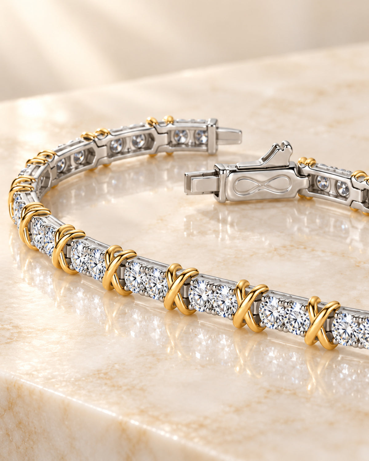 Two-tone moissanite tennis bracelet secure box clasp close-up