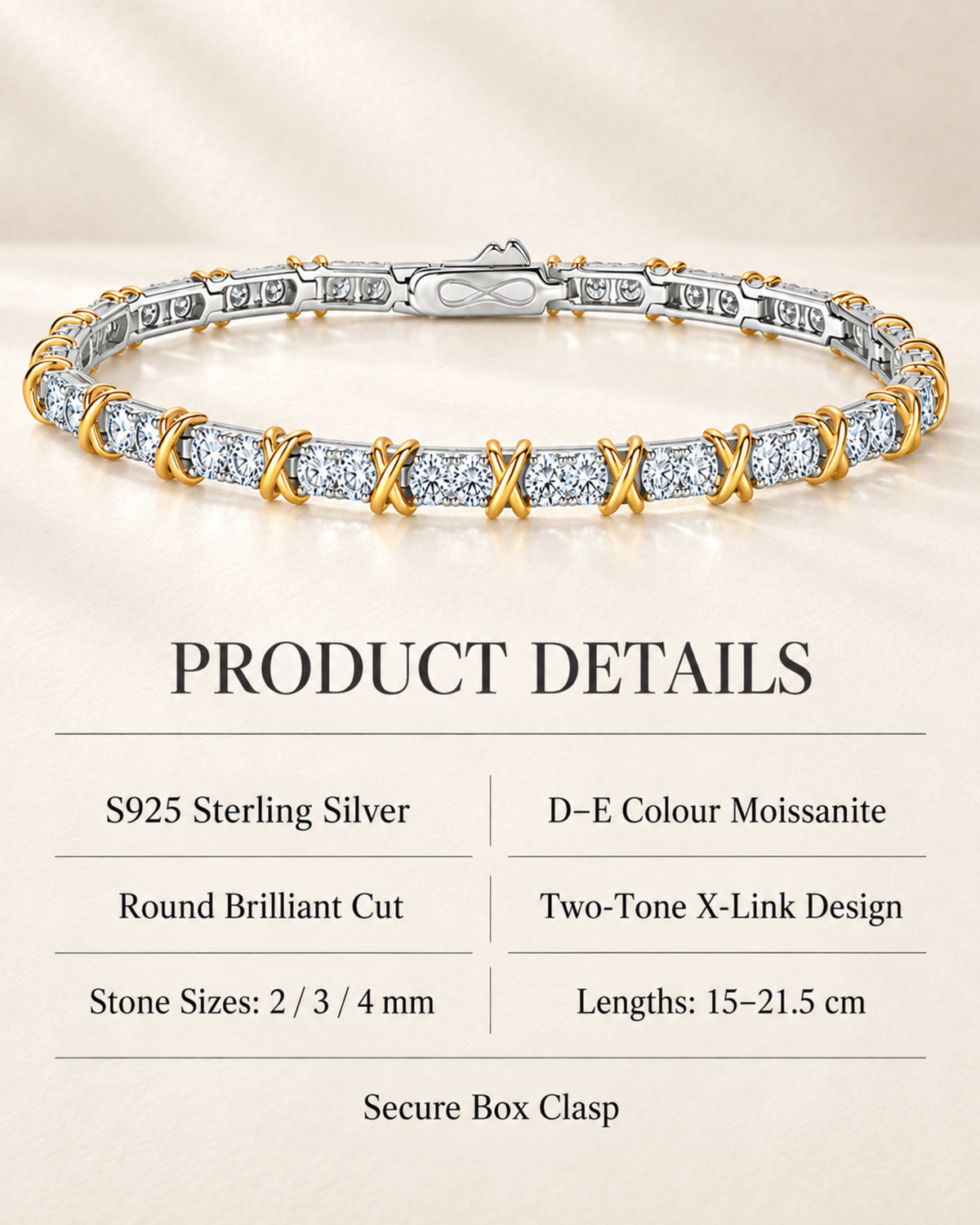 Two-tone moissanite bracelet materials sizes lengths and clasp details