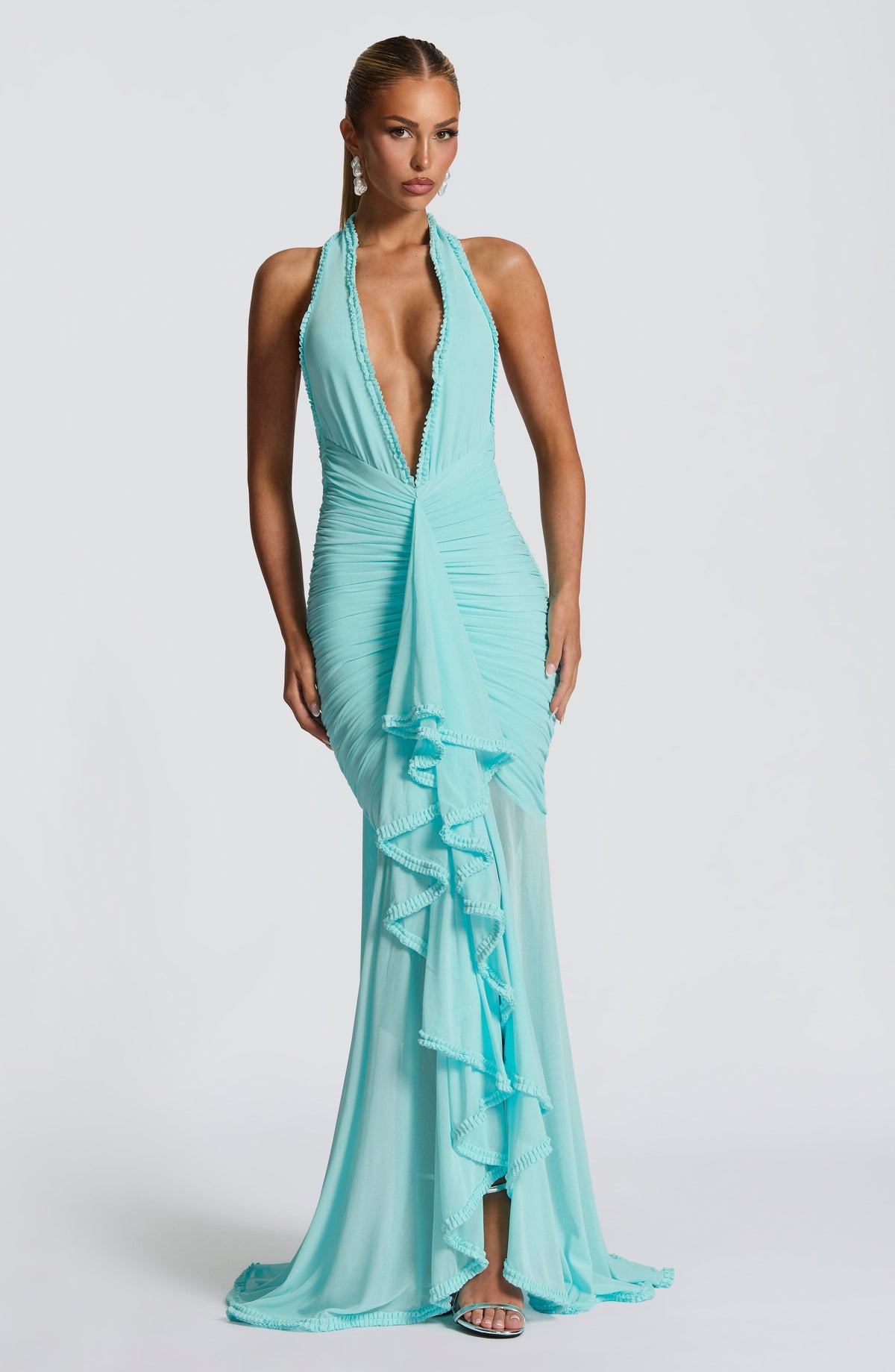 L.F Women's Dress Janessa Ruched Aqua Stretch Mesh Formal