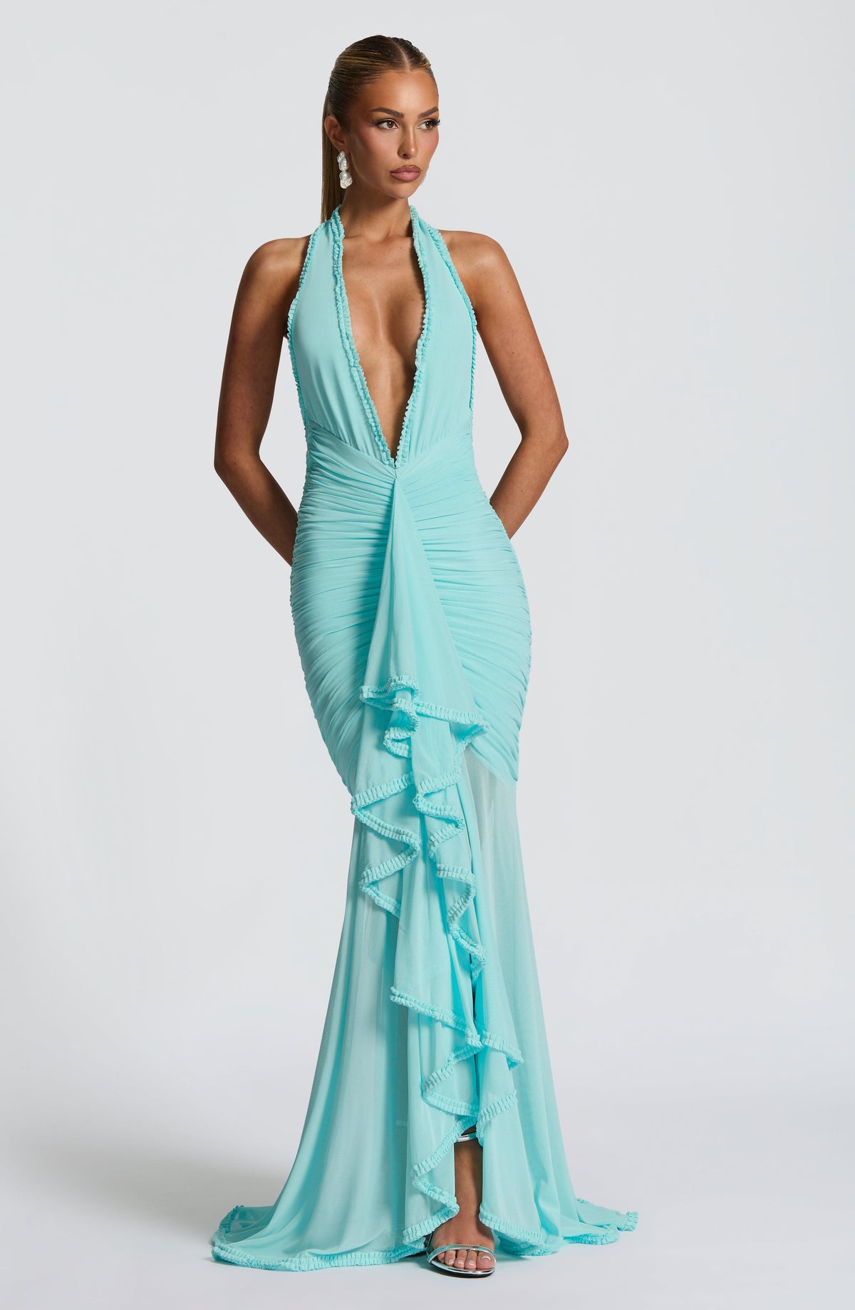 L.F Women's Dress Janessa Ruched Aqua Stretch Mesh Formal