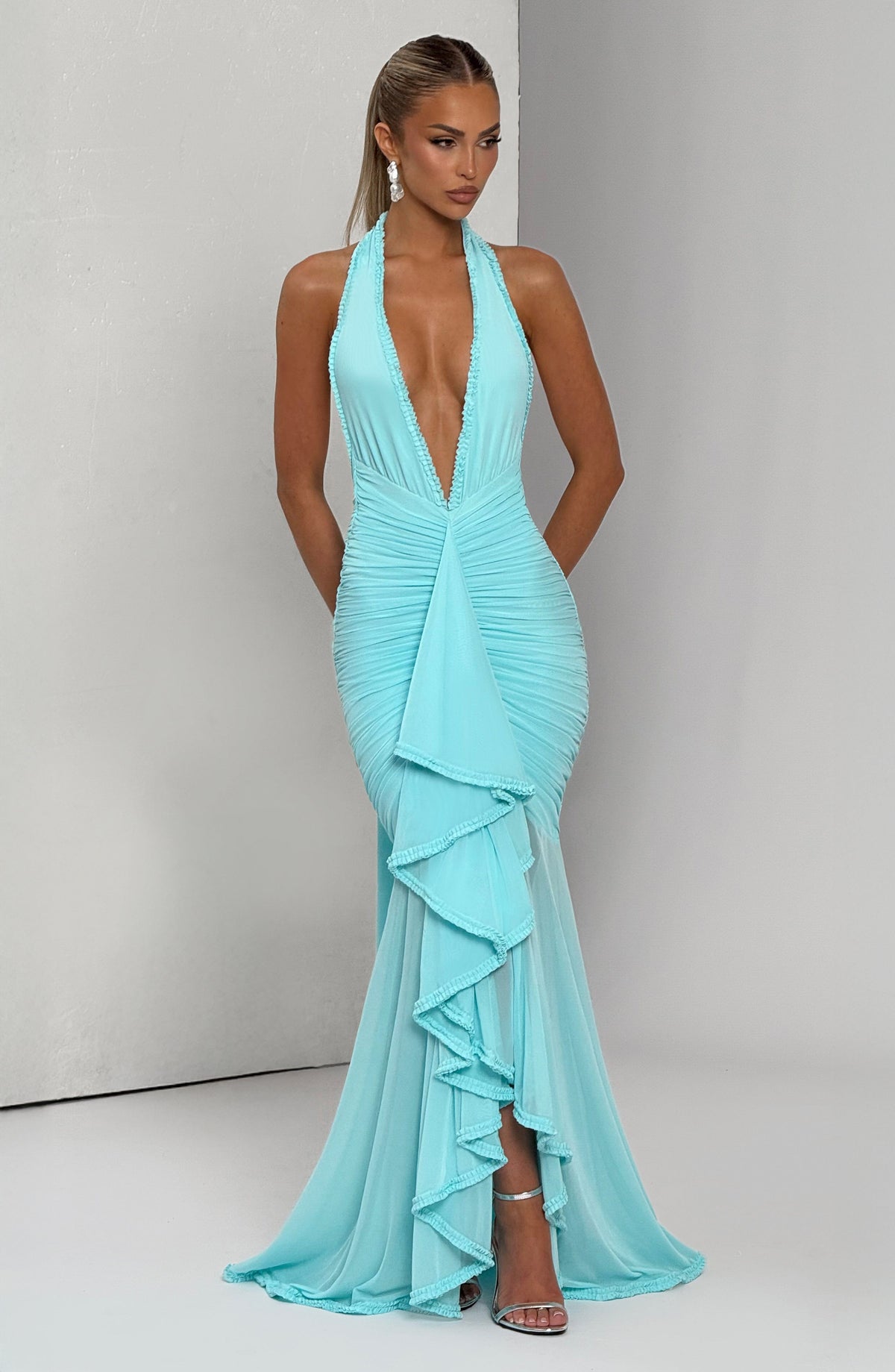 L.F Women's Dress Janessa Ruched Aqua Stretch Mesh Formal